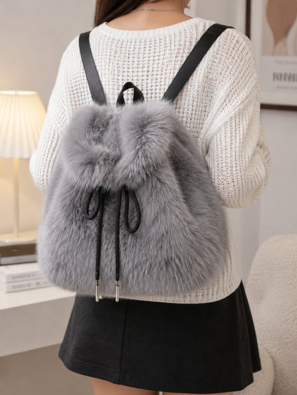 Soft Gray Faux Fur Backpack Plush Winter Drawstring Mini Backpack Cute Cozy Bag